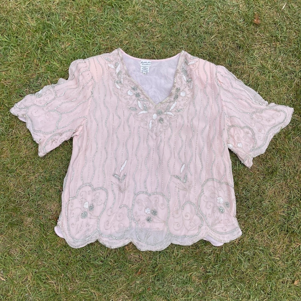 Judith Ann Creations 100% Silk Women's XL Embellished Sequin Beaded Blouse Top